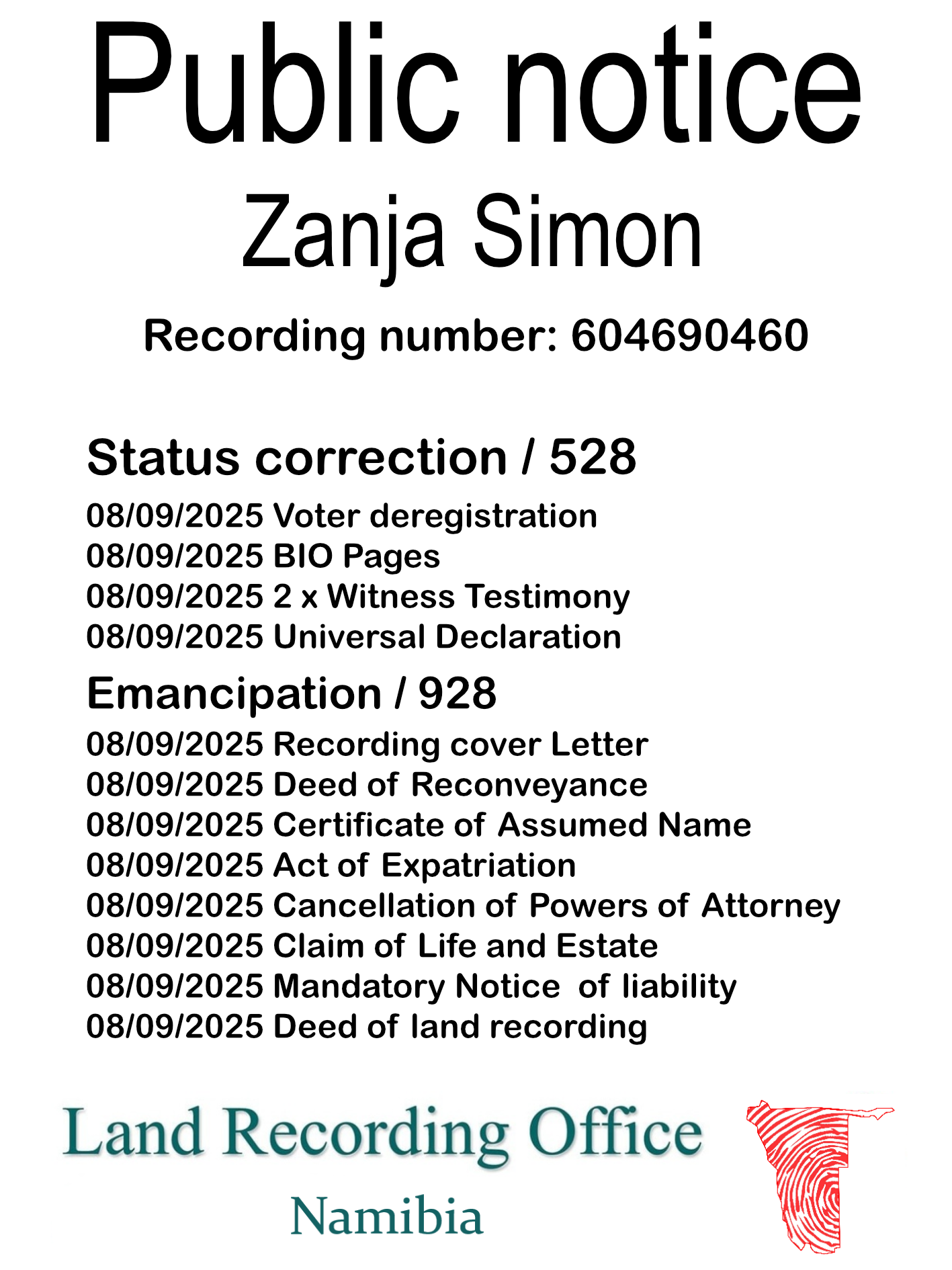 Public notice Zanja Simon (c) Recording number 604690460